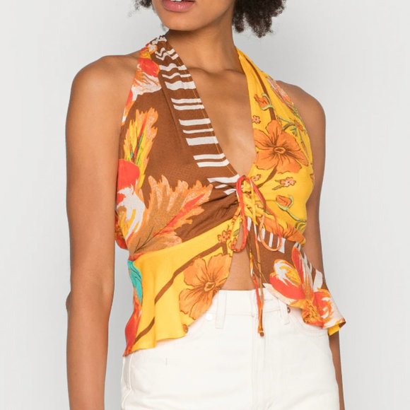 Free People Tops - NWT Free People Hot Tropics Tank Top Mango Combo Yellow Brown Crop Shirt Tie M